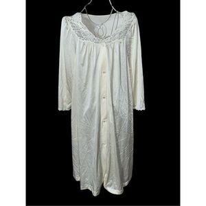 VINTAGE SHADOWLINE SILKY NYLON Button-Up LACE/FLORAL House Dress YELLOW Lounge S